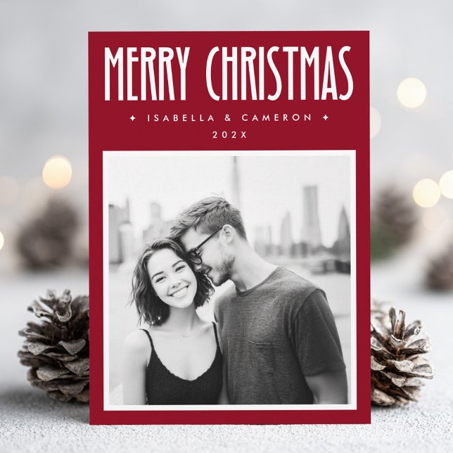 Cartes Pour Fêtes Annuelles Minimalist Merry Christmas dark deep red photo (Minimalist Merry Christmas dark deep red photo Holiday Card)