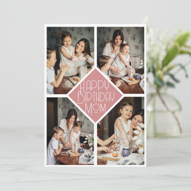 Cartes Pour Fêtes Annuelles Minimalist Slate Pink Multi Photo Birthday Mom (Debout devant)