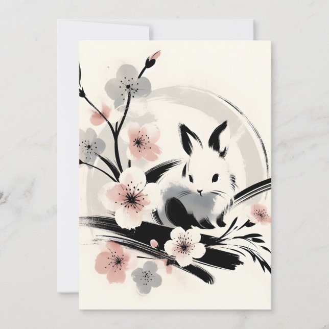 Cartes Pour Fêtes Annuelles Minimalist Zen Ink Bunny Cherry Blossoms (Devant)