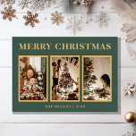 Cartes Pour Fêtes Annuelles Minimaliste classique Noël vert trois photo<br><div class="desc">Cette carte de vacances minimaliste de noël vert trois photos minimaliste présente un design moderne et minimaliste qui est à la fois élégant et simple. Que vous préfériez un style classique, traditionnel ou plus contemporain, avec typographie or sur un arrière - plan vert, vous trouverez la carte parfaite pour célébrer...</div>