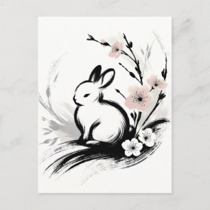 Cartes Pour Fêtes Annuelles Minimaliste Lapin Zen Printemps Cerisiers en Fleur