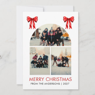 Cartes Pour Fêtes Annuelles Minimaliste Ruban Rouge Triple Photo Joyeux Noël