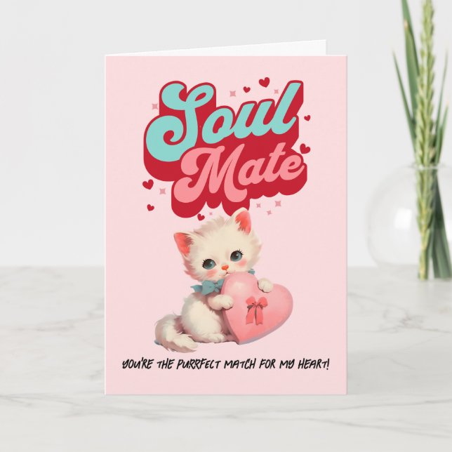 Cartes Pour Fêtes Annuelles Mint Pink Soul Mate Retro Cat Valentine’s Day Card (Devant)