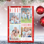 Cartes Pour Fêtes Annuelles Minuscule MERRY CHRISTMAS Photo Collage Lumières r<br><div class="desc">Design simple et moderne avec une typographie MERRY CHRISTMAS tendance contre un arrière - plan rouge avec lumières. Incluez quatre photos et votre texte personnalisé sur le devant et/ou le dos (facultatif). ASSISTANCE : Pour obtenir de l'aide sur la modification ou la personnalisation de la conception, le changement de couleur,...</div>
