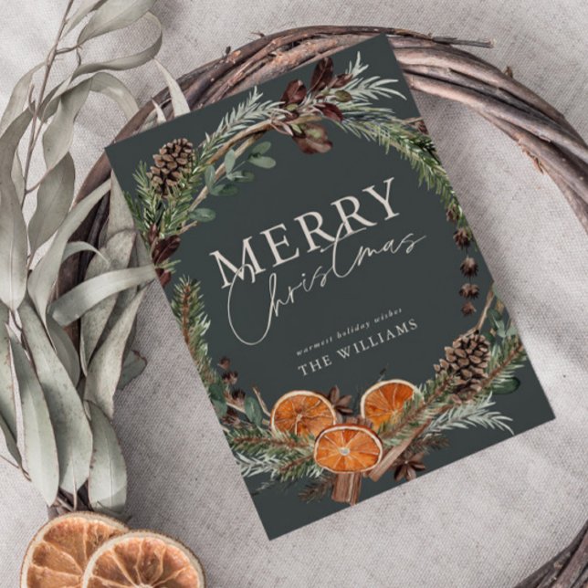 Cartes Pour Fêtes Annuelles Minuscule moderne citrus Wreath Script Noël (Créateur téléchargé)