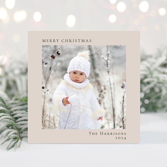 Cartes Pour Fêtes Annuelles Minuscule moderne Joyeux Noël photo Taupe (Share the love and warmth of the season with your personalized photo Christmas card)