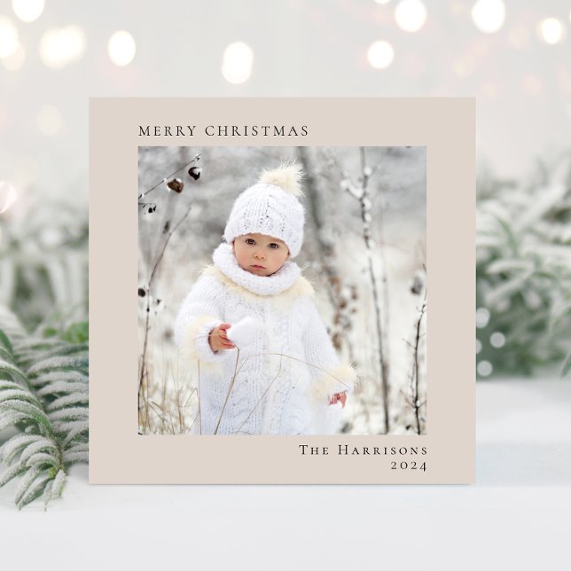 Cartes Pour Fêtes Annuelles Minuscule moderne Joyeux Noël photo Taupe (Share the love and warmth of the season with your personalized photo Christmas card)