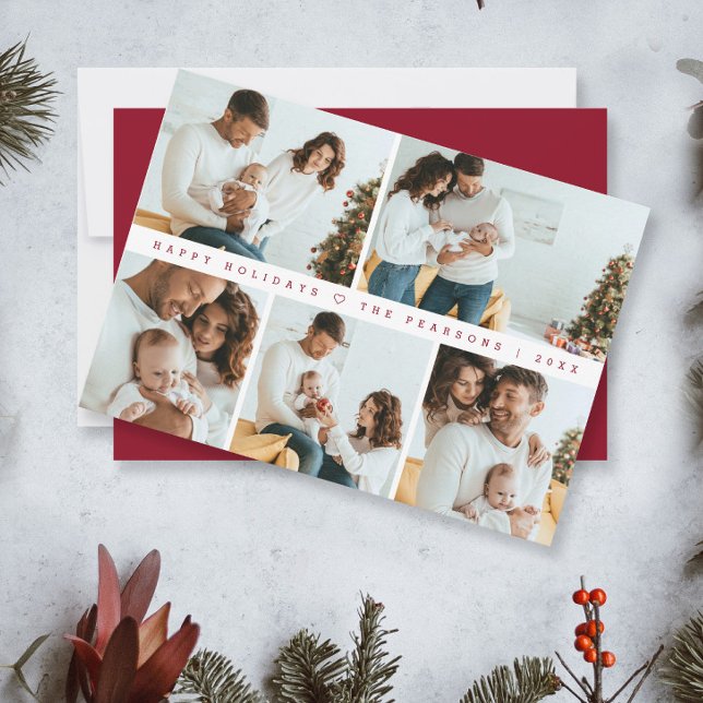 Cartes Pour Fêtes Annuelles Minuscule Noël Famille moderne Photoshoot Rouge (Modern Red Simple photo family collage happy holidays card.)
