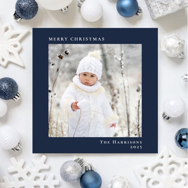 Cartes Pour Fêtes Annuelles Minuscule photo moderne Joyeux Noël bleu (Share the love and warmth of the season with your personalized photo Christmas card)