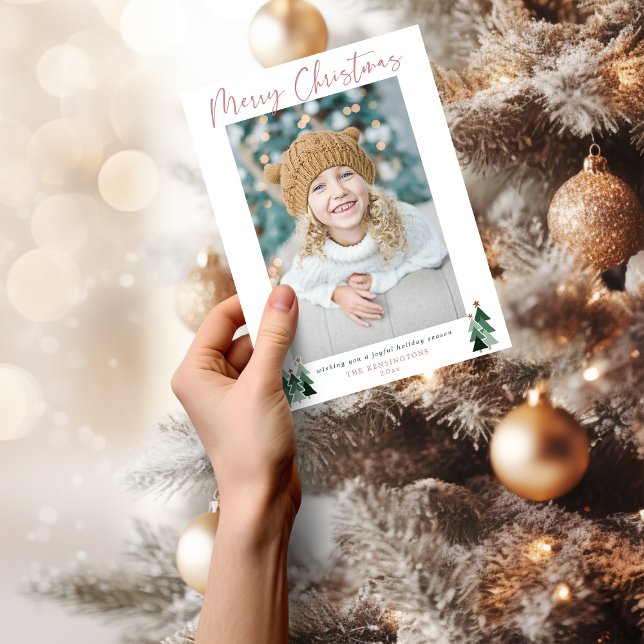 Cartes Pour Fêtes Annuelles Minuscule Pink Trees de Noël Photo (Minimalist Cute Pink Trees Christmas Photo Holiday Card)