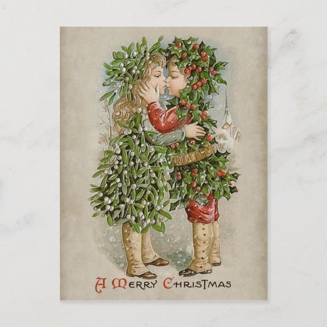 Cartes Pour Fêtes Annuelles Mistletoe fille et saint garçon baiser CC0784 Noël (Devant)