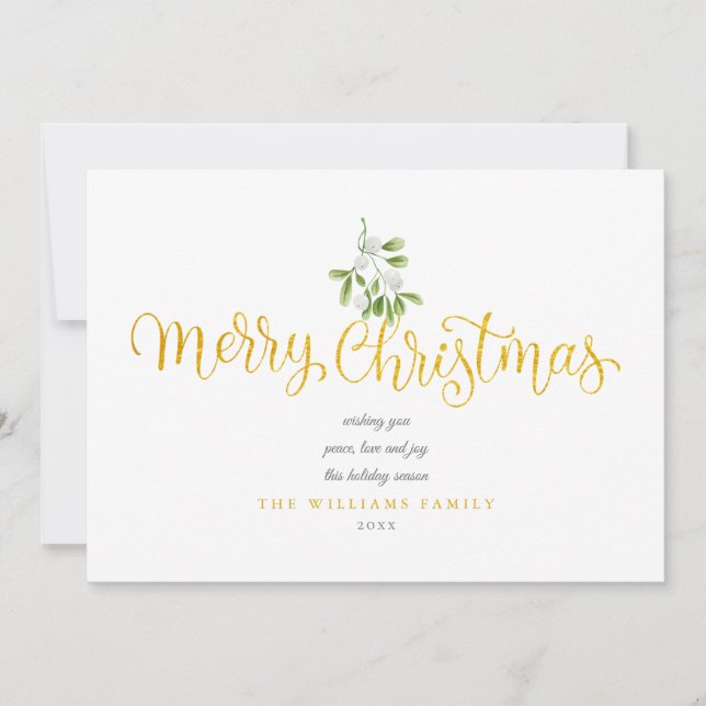 Cartes Pour Fêtes Annuelles Mistletoe Gold Script Joyeux Noël Photo (Devant)