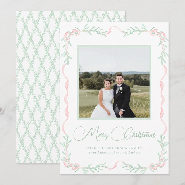 Cartes Pour Fêtes Annuelles Mistletoe rose Bow vert de Noël Photo (Devant / Derrière)
