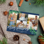 Cartes Pour Fêtes Annuelles Mistletoe Twigs Navy Photo Collage Merry Christmas<br><div class="desc">Photo Christmas card with a photo collage with four vendet pretty mistletoe twigs in green and pale blue. Merry Christmas est des écrivains dans un script white, charming calligraphy. Add your familiy name and the year in an élégant white font against a navy blue background. Le back features a matching...</div>
