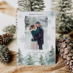 Cartes Pour Fêtes Annuelles Misty Winter New Marié First Christmas Photo<br><div class="desc">Cartes photos de vacances à thème hivernal pour les jeunes mariés avec un paysage de forêt enneigée agrémenté de flocons d'argent dans des couleurs de vacances élégamment muet.</div>