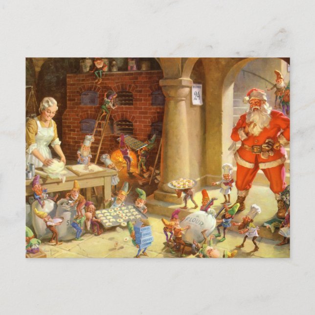 Cartes Pour Fêtes Annuelles Mme Claus et elfes de Santa faisant des biscuits (Devant)