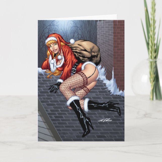 Cartes Pour Fêtes Annuelles Mme Claus On The Rooftop fournissant des présents (Devant)