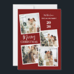 Cartes Pour Fêtes Annuelles Modern 4 Photo Polaroid Grid Merry Christmas<br><div class="desc">Capture all your favorite holiday memories with this fun and modern 4-photo polaroid-style Christmas design. The vibrant red backdrop and trendy vertical typography create a joyful and casual greeting that perfectly showcases your family’s festive spirit</div>