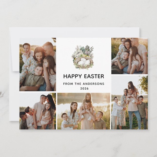 Cartes Pour Fêtes Annuelles Modern 5 Photo Collage Happy Easter Nest Family (Devant)
