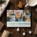 Cartes Pour Fêtes Annuelles Modern 5 Photo Collage Noël<br><div class="desc">Contemporaine christmas holiday card featuring a 5 photo collage of your beautiful family,  the words "merry christmas" in a elegant green gradient typeface,  your family name,  and the year.</div>