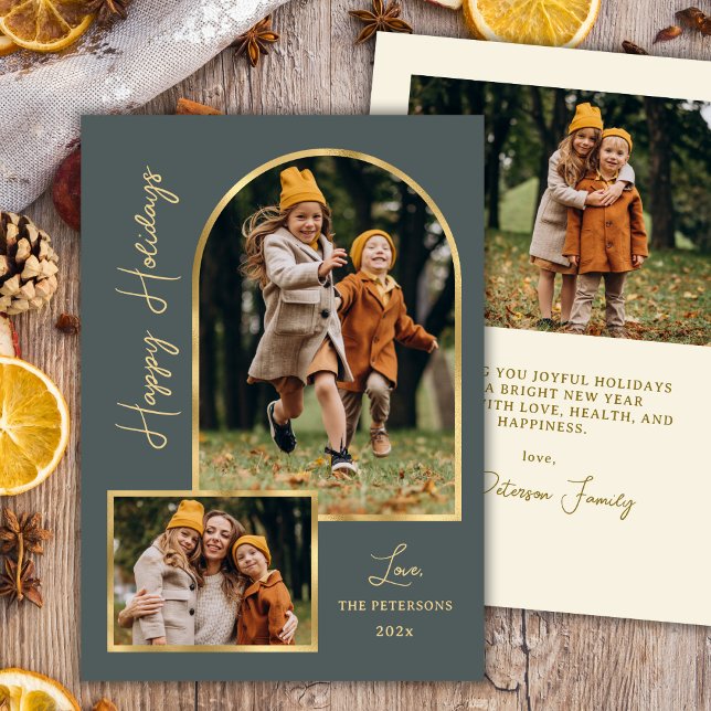 Cartes Pour Fêtes Annuelles Modern Arch 3 Photo Green Happy Holiday Card  (Créateur téléchargé)