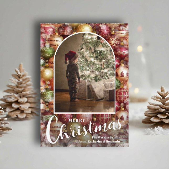 Cartes Pour Fêtes Annuelles Modern Arched Photo on Christmas Baubles (Modern arched photo on Christmas ornaments holiday cards, PRINTED and/or INSTANT DOWNLOAD)