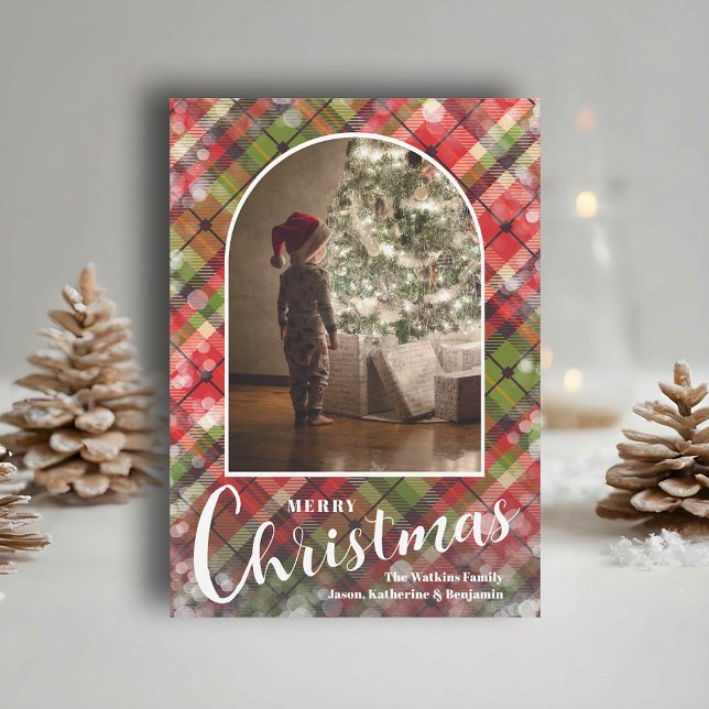 Cartes Pour Fêtes Annuelles Modern Arched Photo on Plaid (Modern arched photo on Christmas plaid holiday cards, PRINTED and/or INSTANT DOWNLOAD)