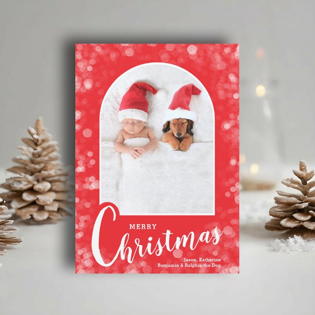 Cartes Pour Fêtes Annuelles Modern Arched Photo on Red Christmas (Modern arched photo on red Merry Christmas holiday cards, PRINTED and/or INSTANT DOWNLOAD)