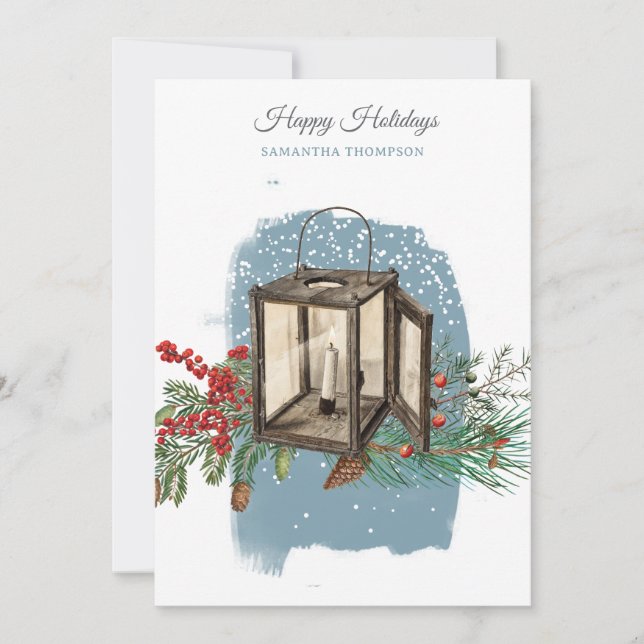 Cartes Pour Fêtes Annuelles Modern Blue Winter Snow Pine Lantern Christmas (Devant)