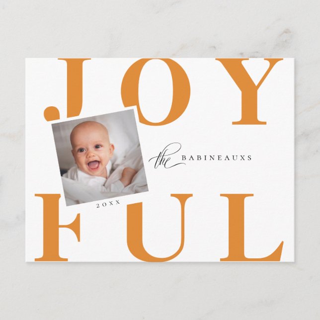 Cartes Pour Fêtes Annuelles Modern Bold JOYFUL Noël Photo Orange (Devant)