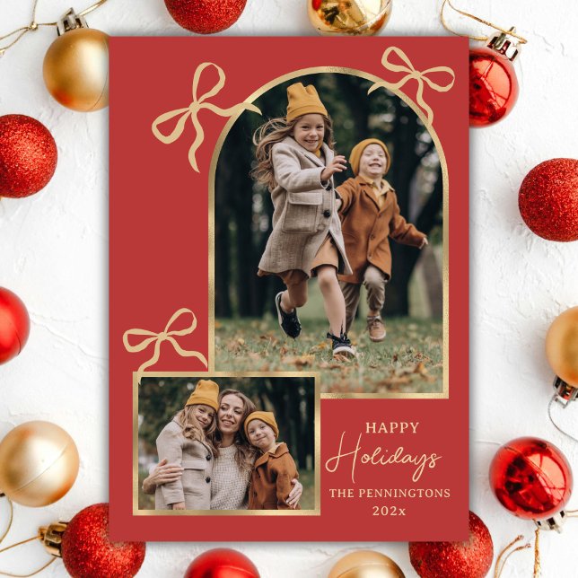 Cartes Pour Fêtes Annuelles Modern Bows Happy Holidays Arch 3 Family Photo Red (Créateur téléchargé)