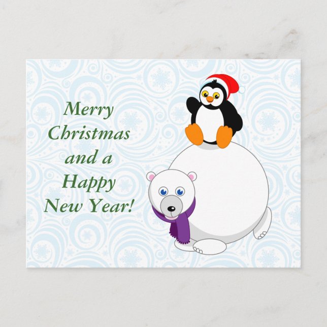Cartes Pour Fêtes Annuelles Modern cartoon of a penguin riding a polar bear, (Devant)