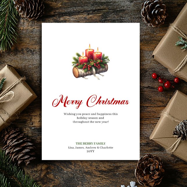 Cartes Pour Fêtes Annuelles Modern Christmas candles wooden log greeting (Modern Christmas candles wooden log greeting Holiday Card)