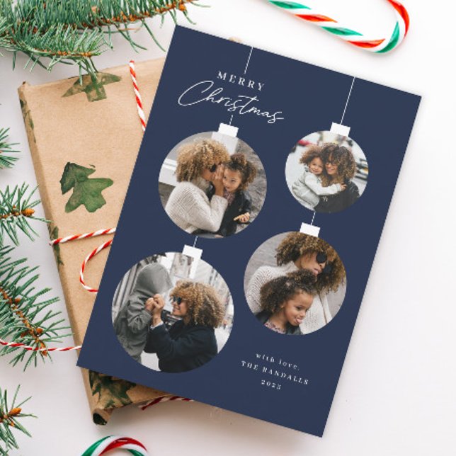 Cartes Pour Fêtes Annuelles Modern Christmas Ornament 4 Photo (Blue and white 4 photo Christmas ornament holiday card.)