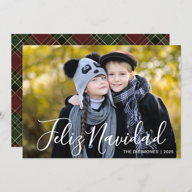Cartes Pour Fêtes Annuelles Modern Christmas Photo Feliz Navidad Plaid (Devant / Derrière)