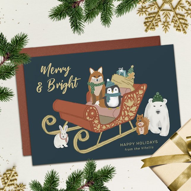 Cartes Pour Fêtes Annuelles Modern Cute Animal Friends and Sleigh Christmas  (Créateur téléchargé)
