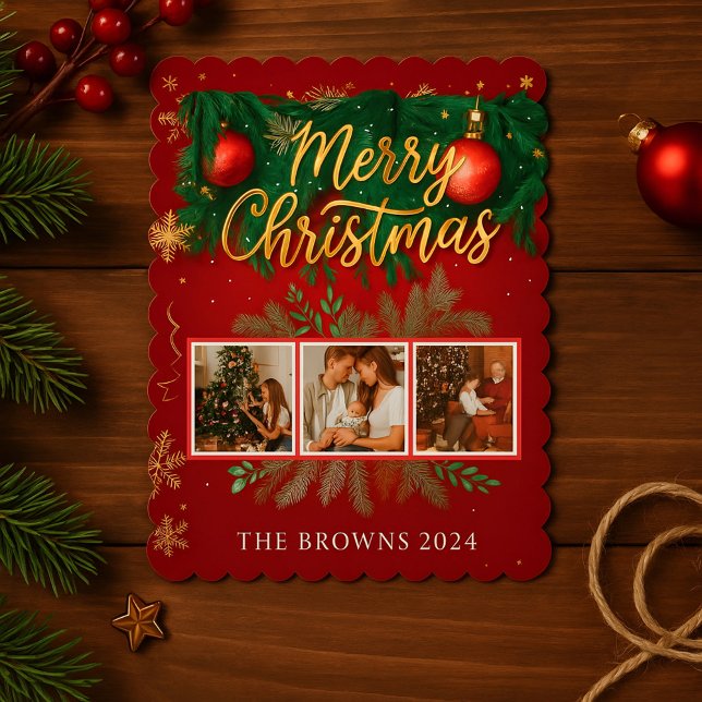 Cartes Pour Fêtes Annuelles Modern Elegant Red Gold Christmas Family Photo (Custom Family Photos For a Mary Christmas 🎁🎄)