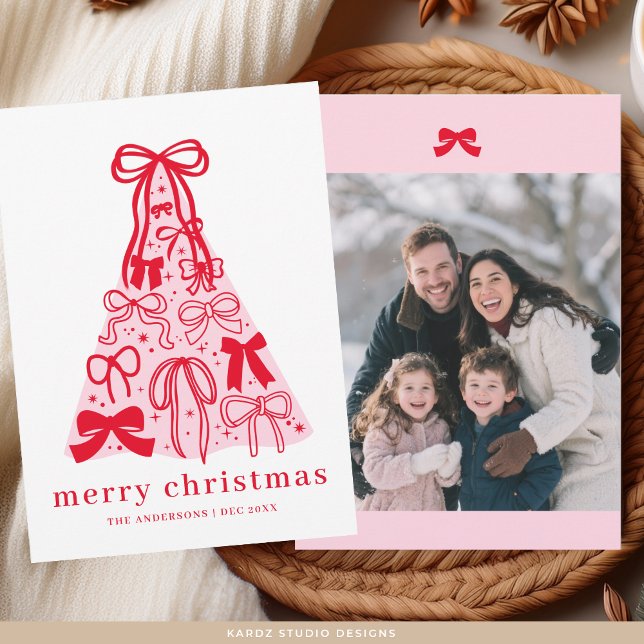 Cartes Pour Fêtes Annuelles Modern Family Photo Merry Pink Red Bow (Front and back of card is shown in 5x7 inches. Square corners, choose corner and paper style.)