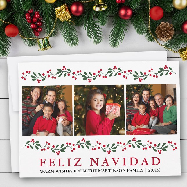 Cartes Pour Fêtes Annuelles Modern Feliz Navidad Greenery Berries 3 Photo (Customize to change text size, text style or text color.)