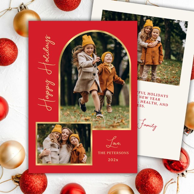 Cartes Pour Fêtes Annuelles Modern Gold Arch 3 Photo Red Happy Holiday Card (Créateur téléchargé)