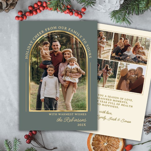Cartes Pour Fêtes Annuelles Modern Gold Arch Photo Green Christmas Happy (Créateur téléchargé)