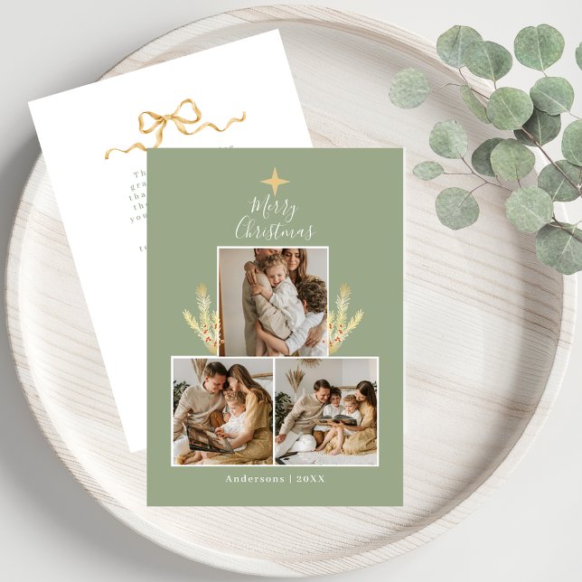 Cartes Pour Fêtes Annuelles Modern Green & Gold Christmas Tree 3 Photo Collage (Créateur téléchargé)