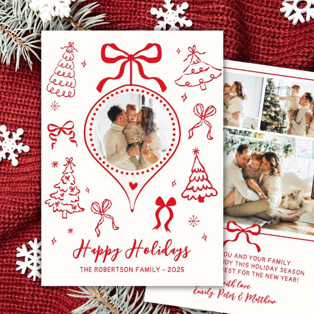 Cartes Pour Fêtes Annuelles Modern Hand-Drawn Red Bows Photo Christmas Happy (Créateur téléchargé)