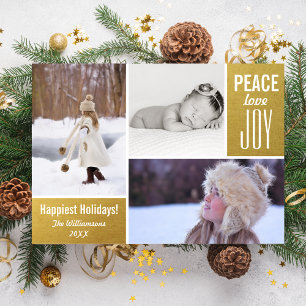 Cartes Pour Fêtes Annuelles Modern Holiday Gold Peace Love Joy Photo Collage