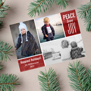 Cartes Pour Fêtes Annuelles Modern Holiday Red Peace Love Joy Photo Collage
