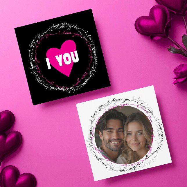 Cartes Pour Fêtes Annuelles Modern I Love You with Photo Circle noir (Modern I Love You with Photo Circle black Holiday Card)