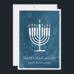 Cartes Pour Fêtes Annuelles Modern Menorah Hanukkah Card with Photo Backer<br><div class="desc">This Happy Hanukkah card features moderne and fun menorah Ilation stands out against a textured background on blue that you can change to ANY COLOR using the "customize it" button! The backer is total personalizable with a photo of your Choce and a custom text overlay OR clear all of the...</div>