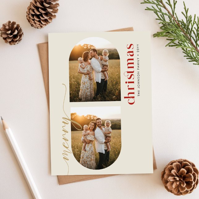 Cartes Pour Fêtes Annuelles Modern Minimalist Family Christmas Arched 3 Photo (Créateur téléchargé)