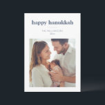 Cartes Pour Fêtes Annuelles Modern Minimalist Hanukkah Photo Letter Message<br><div class="desc">This Hanukkah card features a clean, modern layout with a full photo on the front and space for a longer message on the back. The soft navy lettering and simple white borders create a calm, elegant feel that highlights the family photo. Its minimal style works beautifully for sharing updates, sending...</div>
