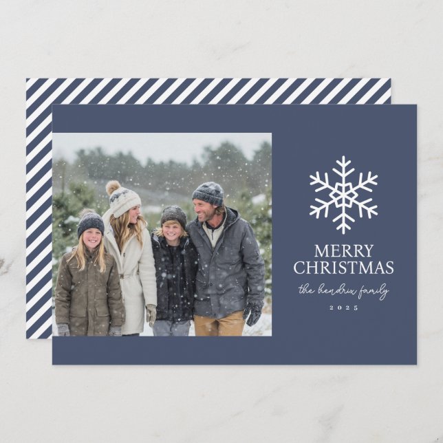 Cartes Pour Fêtes Annuelles Modern Navy Snowflake Christmas Photo (Devant / Derrière)